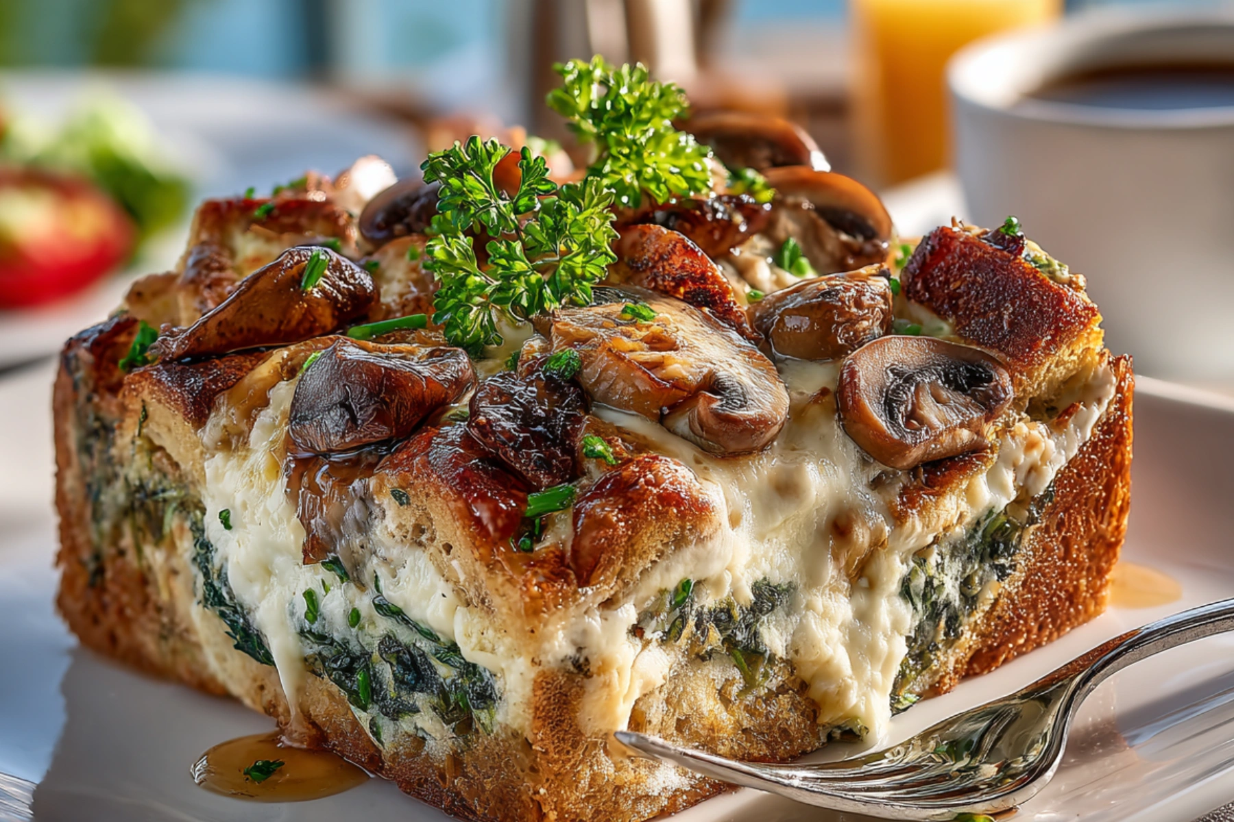 Slice of Savory French Toast Casserole served for brunch