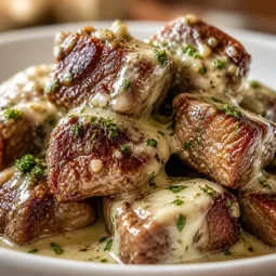 Delicious Garlic Butter Steak Bites in Creamy Parmesan Sauce served on a plate.