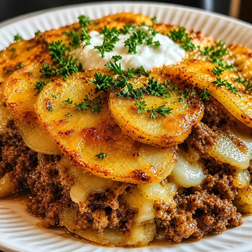 Loaded Beef and Potato topped with cheese and beef in a baked potato dish.
