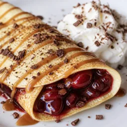 Delicious Cherry Crepes filled with rich cherries, drizzled with sweet sauces for brunch.