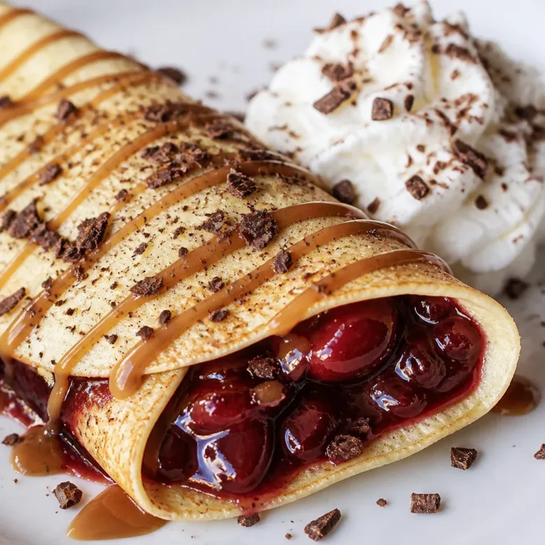 Delicious Cherry Crepes filled with rich cherries, drizzled with sweet sauces for brunch.