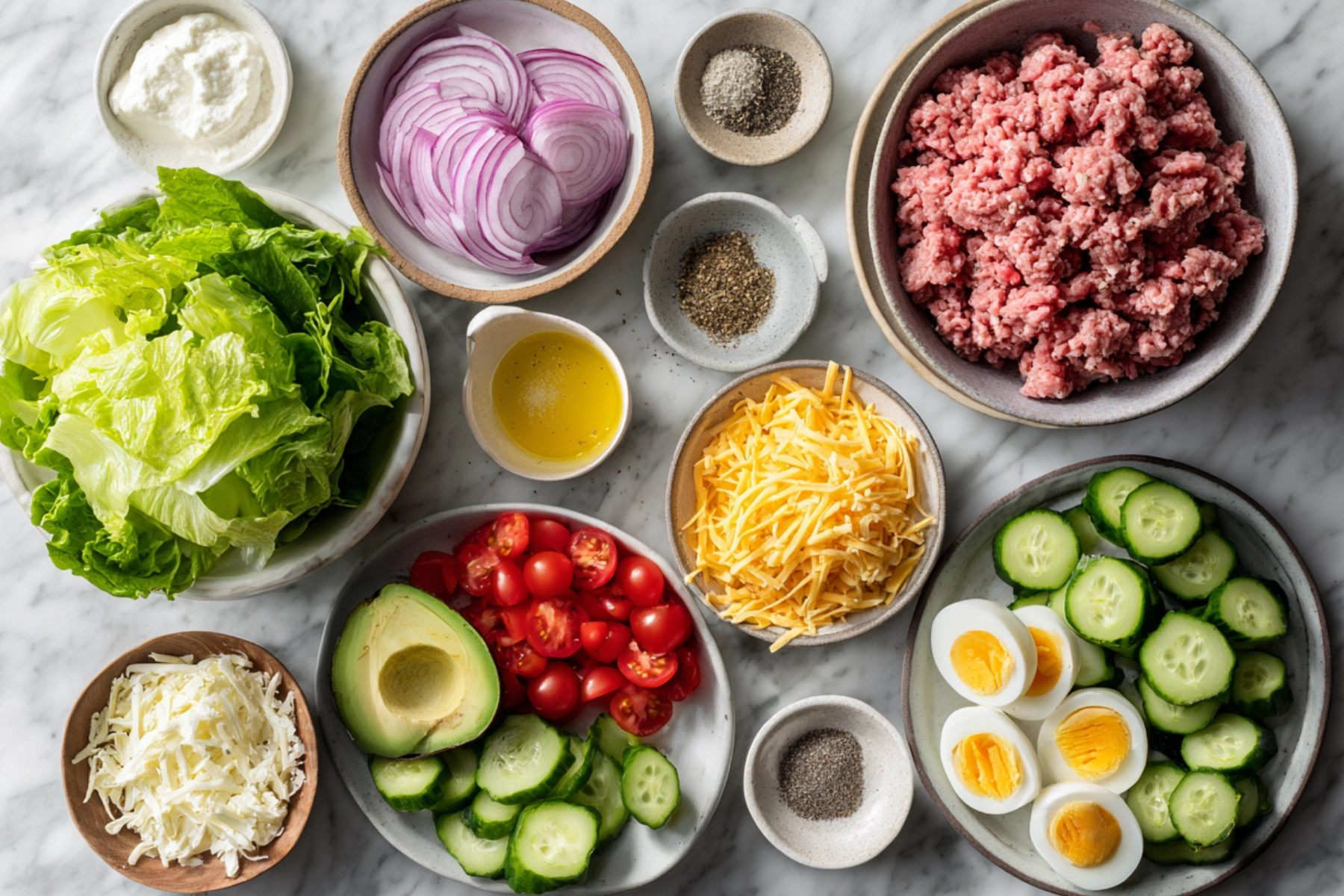 ngredients for Tasty Burger Cobb Salad with turkey, avocado, eggs, and vegetables