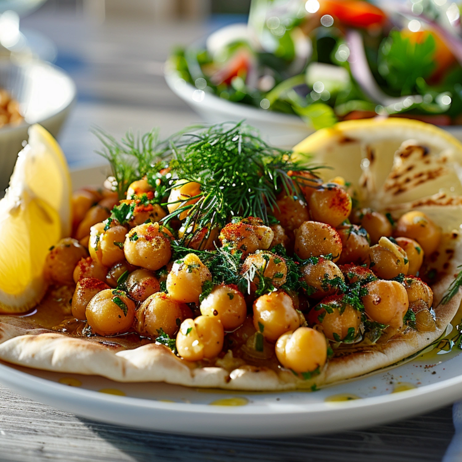 Zesty Chickpea Lemon Skillet served with pita bread and lemon wedges