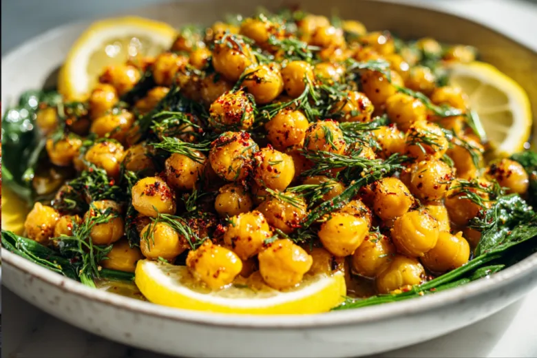 Zesty Chickpea Lemon Skillet served with pita bread and lemon wedges