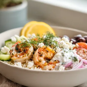 Greek Shrimp Mediterranean Bowl with shrimp, feta, cucumber, tomatoes, and rice