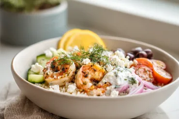 Greek Shrimp Mediterranean Bowl with shrimp, feta, cucumber, tomatoes, and rice