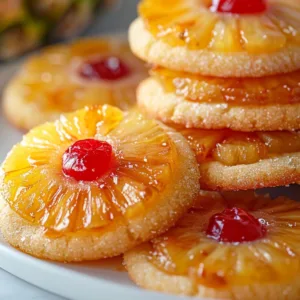 Delicious Upside Down Cake Pineapple Sugar Cookies topped with caramelized pineapple and cherries.