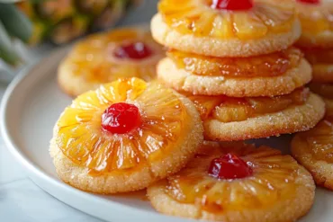 Delicious Upside Down Cake Pineapple Sugar Cookies topped with caramelized pineapple and cherries.