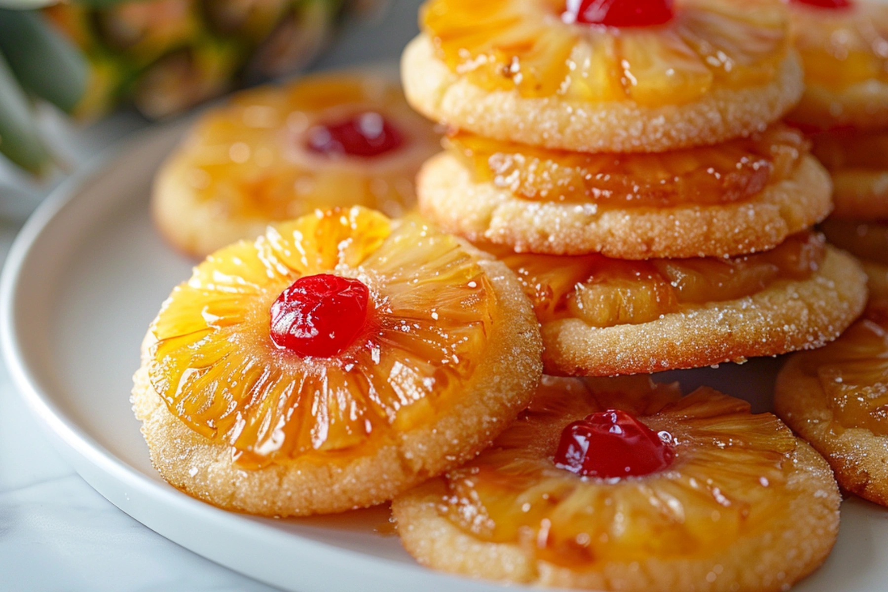 Delicious Upside Down Cake Pineapple Sugar Cookies topped with caramelized pineapple and cherries.