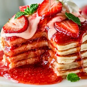 Delicious Fluffy Strawberry Cheesecake Pancakes topped with creamy sauce and fresh strawberries.