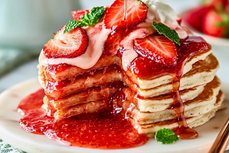 Delicious Fluffy Strawberry Cheesecake Pancakes topped with creamy sauce and fresh strawberries.