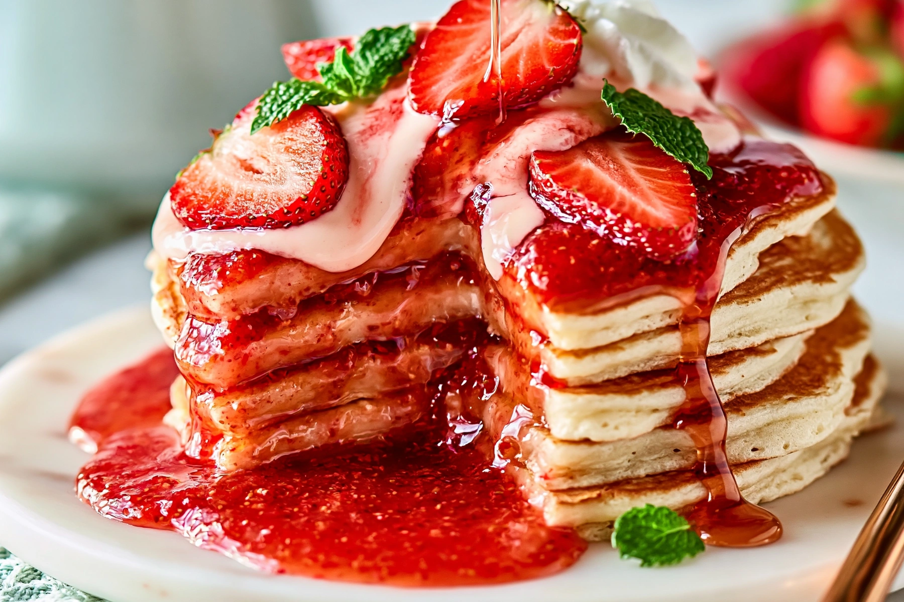Delicious Fluffy Strawberry Cheesecake Pancakes topped with creamy sauce and fresh strawberries.