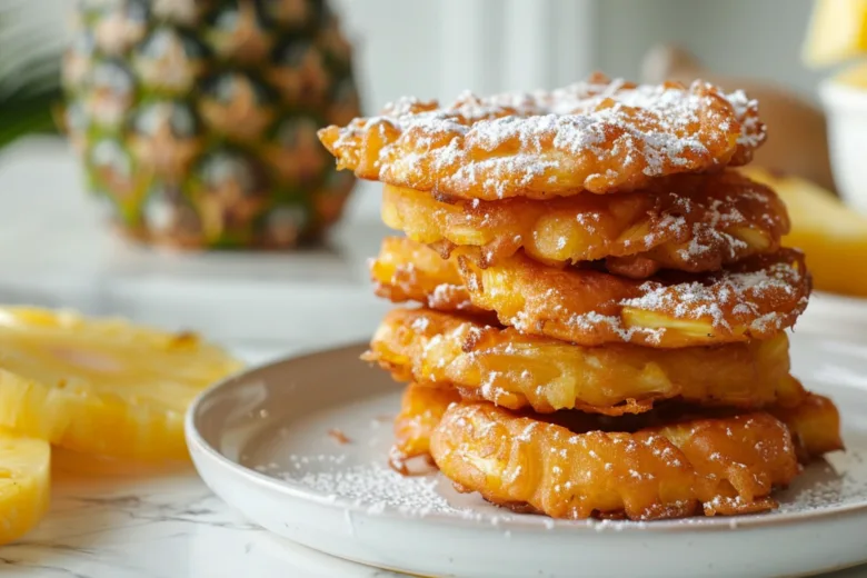 Crispy Pineapple Fritters coated in a light batter, served warm for a sweet treat.