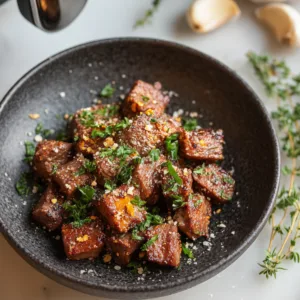 Air Fryer Smoked Beef Bites seasoned with garlic and smoked paprika, served hot.