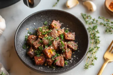 Air Fryer Smoked Beef Bites seasoned with garlic and smoked paprika, served hot.