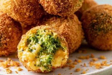Crispy Air Fryer Broccoli Cheddar Poppers with cheese filling and dipping sauce.