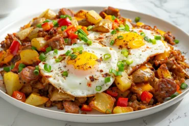 Hearty loaded breakfast hash with sausages, bacon, eggs, and crispy potatoes.