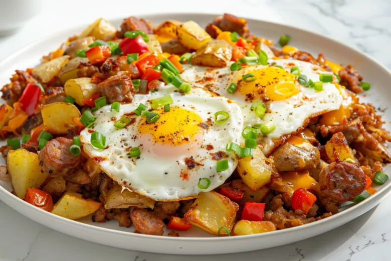 Hearty loaded breakfast hash with sausages, bacon, eggs, and crispy potatoes.