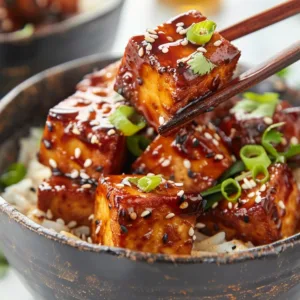 Crunchy Sweet Chili Tofu Bites with a sweet and spicy sauce, served over rice.