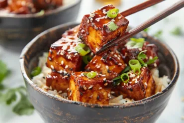 Crunchy Sweet Chili Tofu Bites with a sweet and spicy sauce, served over rice.