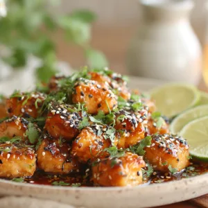 Crispy Air Fryer Honey Garlic Salmon Bites with sesame seeds and green onions