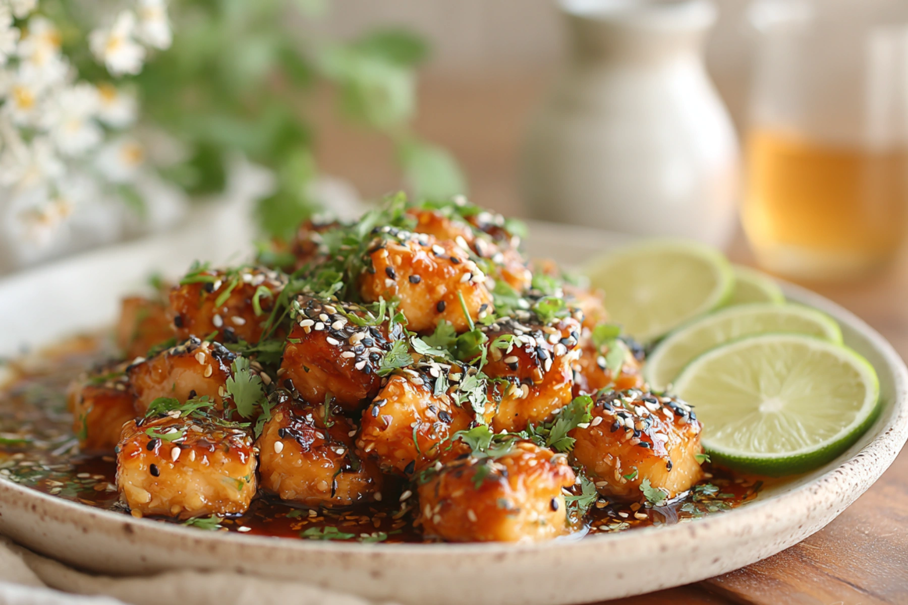 Crispy Air Fryer Honey Garlic Salmon Bites with sesame seeds and green onions