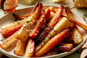 Maple Glazed Carrot and Parsnip Recipe with roasted vegetables and maple glaze