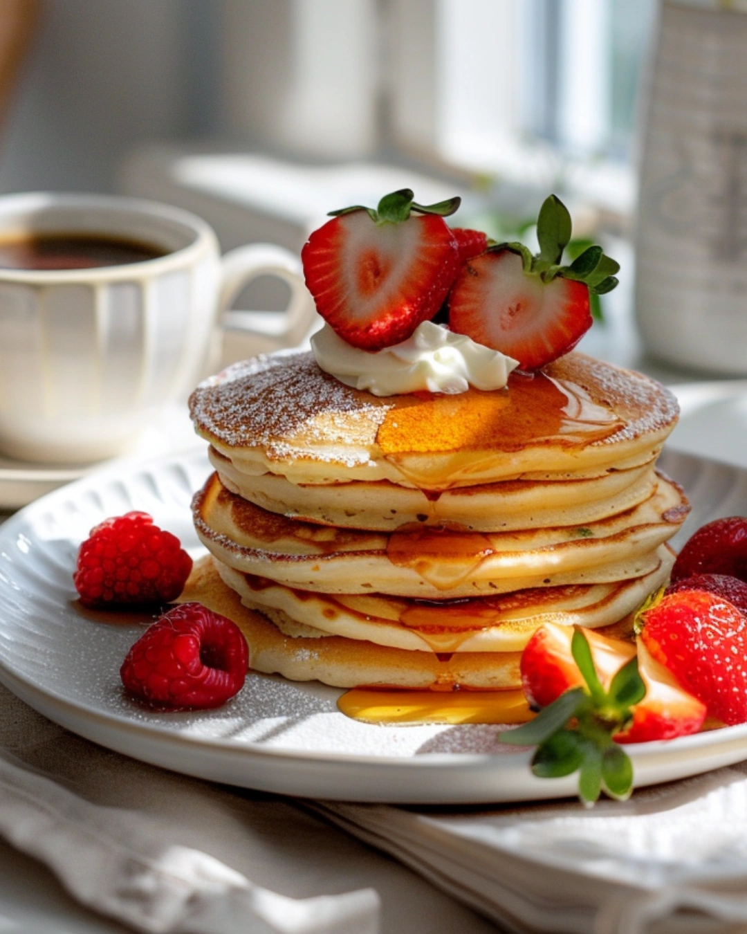 Delicious Fluffy Strawberry Cheesecake Pancakes topped with creamy sauce and fresh strawberries.