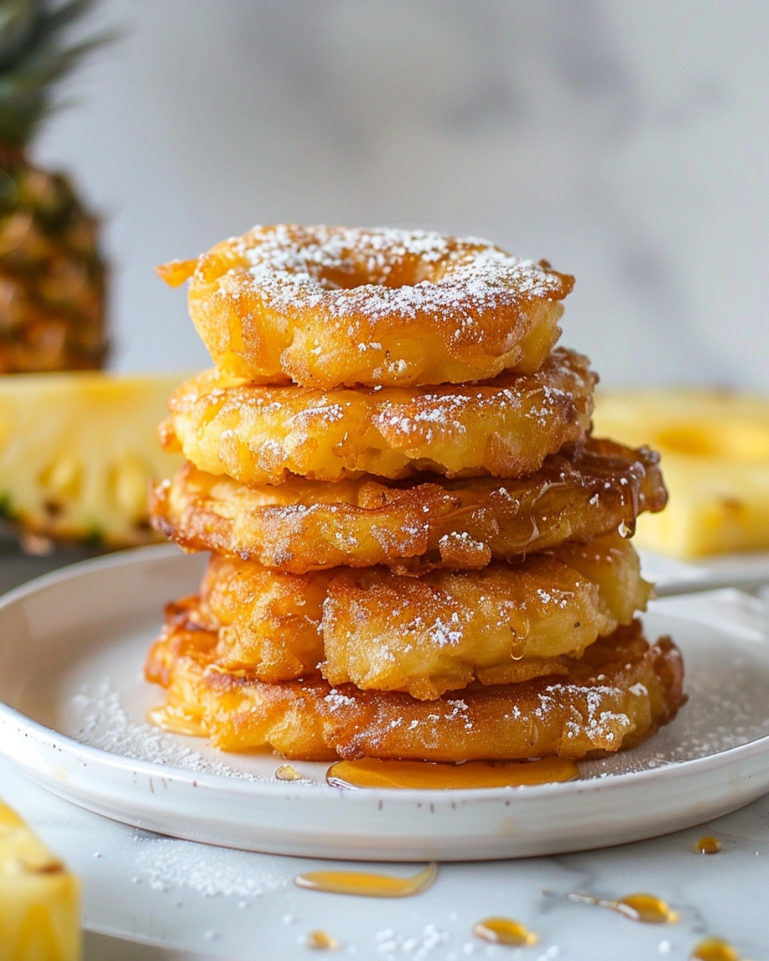 Crispy Pineapple Fritters coated in a light batter, served warm for a sweet treat.