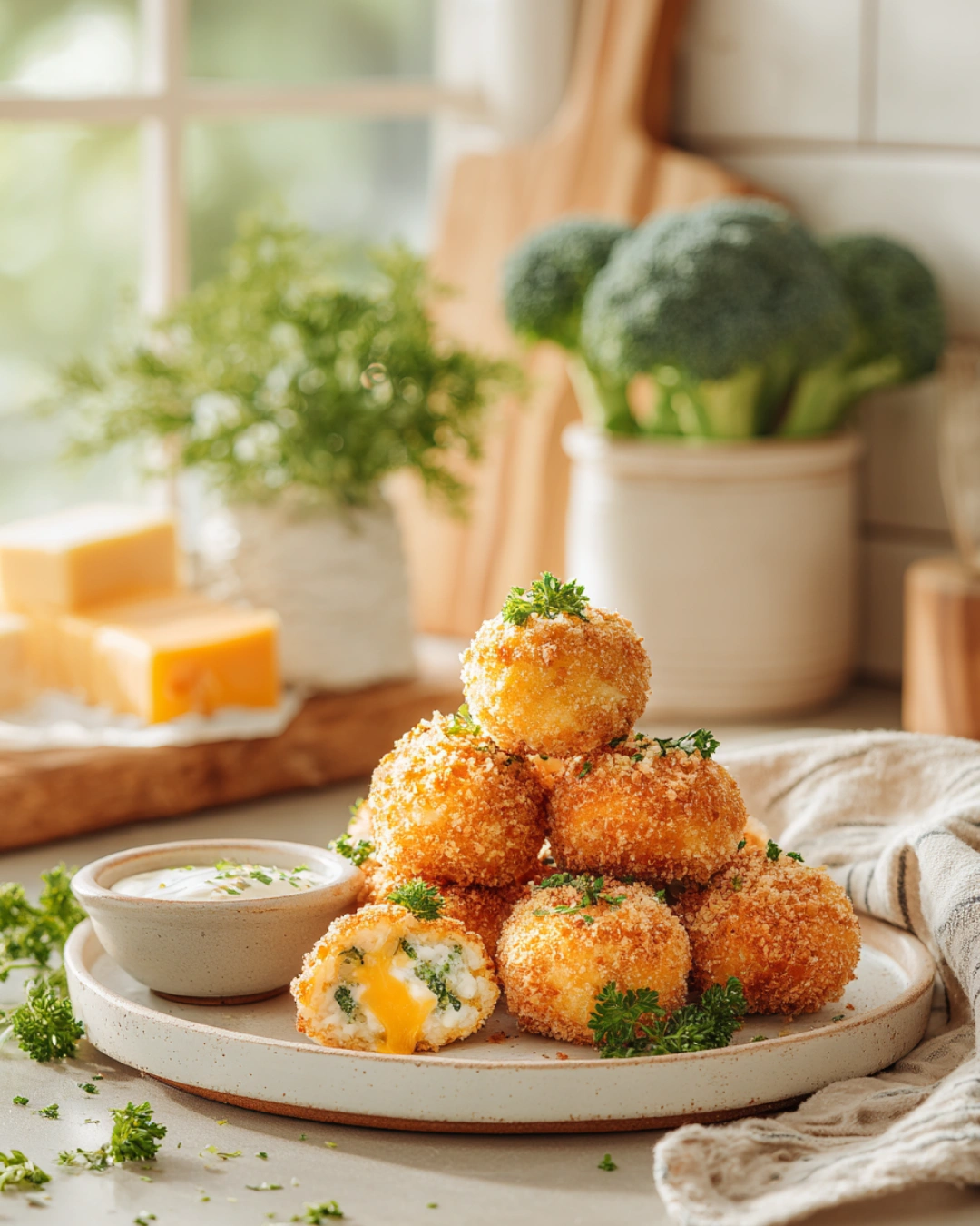 Crispy Air Fryer Broccoli Cheddar Poppers with cheese filling and dipping sauce.