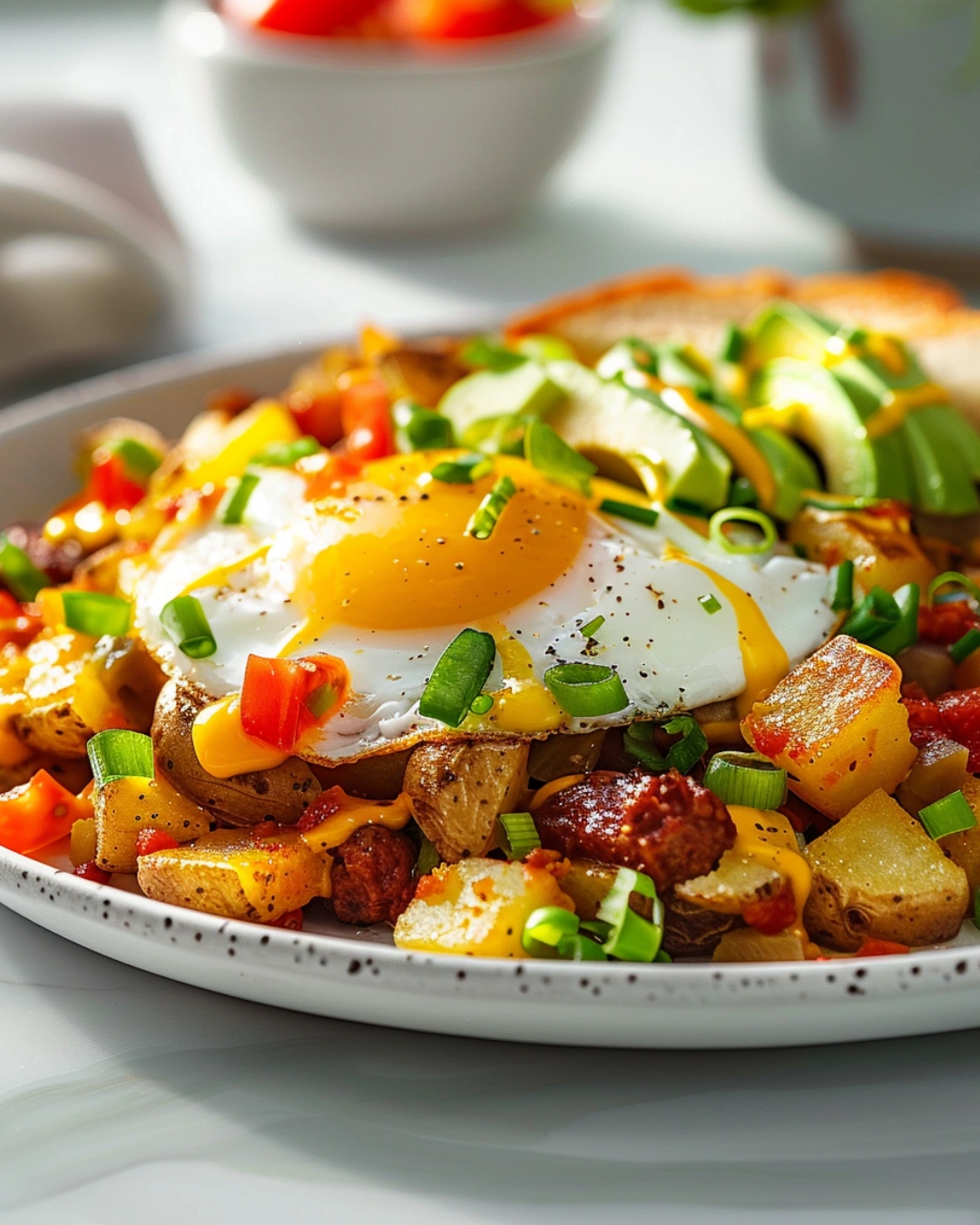 Hearty loaded breakfast hash with served sausages, bacon, eggs, and crispy potatoes.