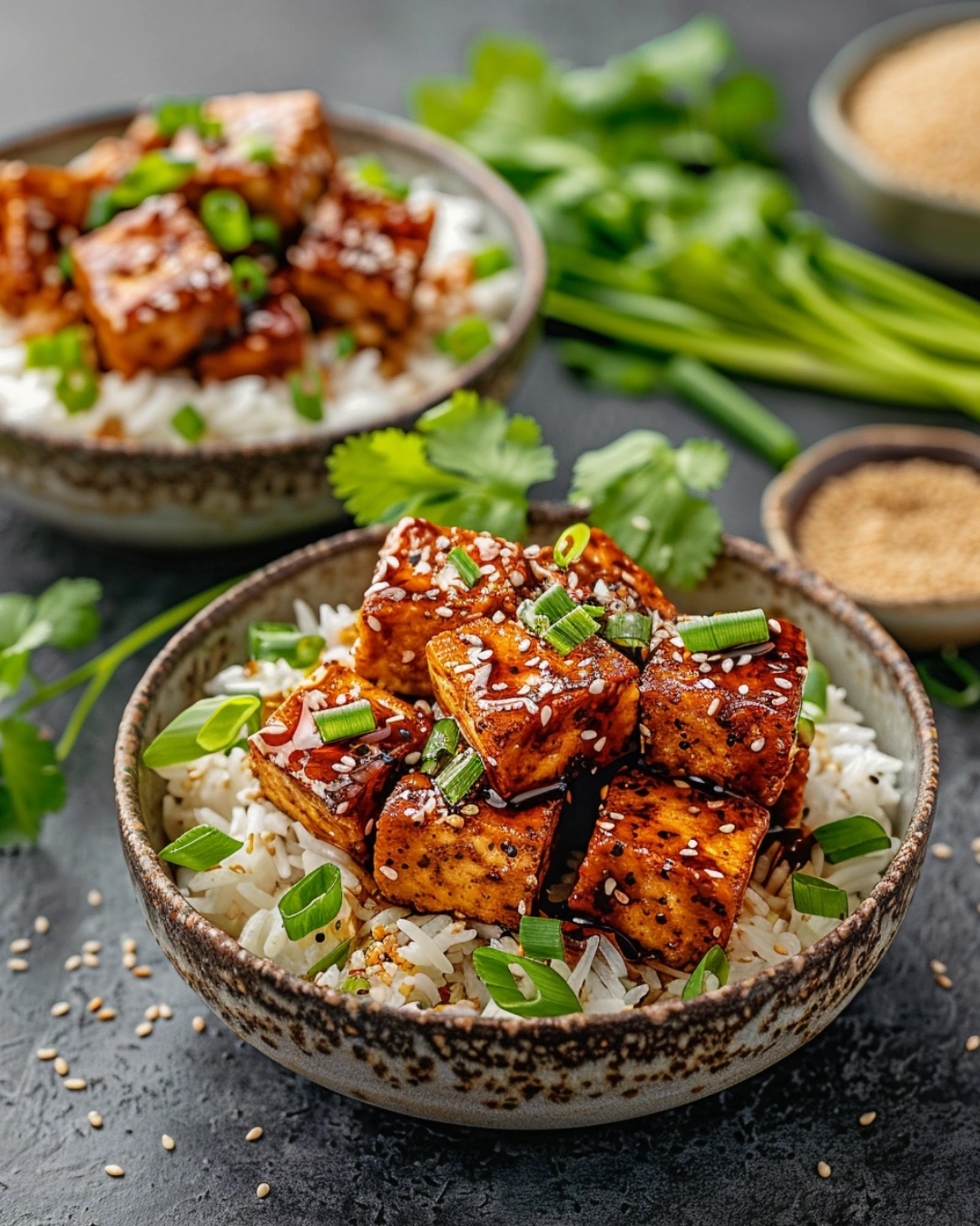Crunchy Sweet Chili Tofu Bites with a sweet and spicy sauce, served over rice.