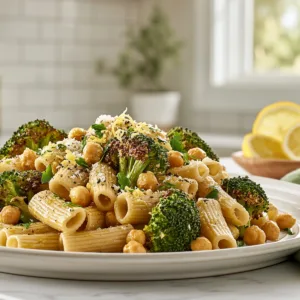Broccoli Chickpea Pasta with roasted broccoli, chickpeas, lemon, and Parmesan on a white plate