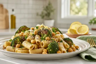 Broccoli Chickpea Pasta with roasted broccoli, chickpeas, lemon, and Parmesan on a white plate