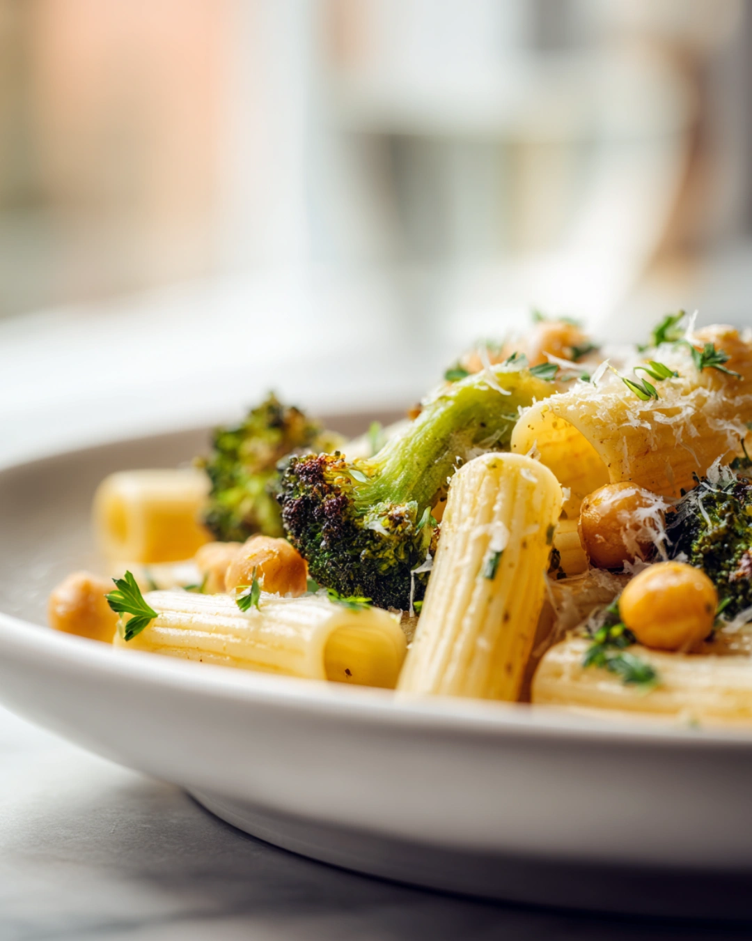 Broccoli Chickpea Pasta served with garlic bread and fresh salad