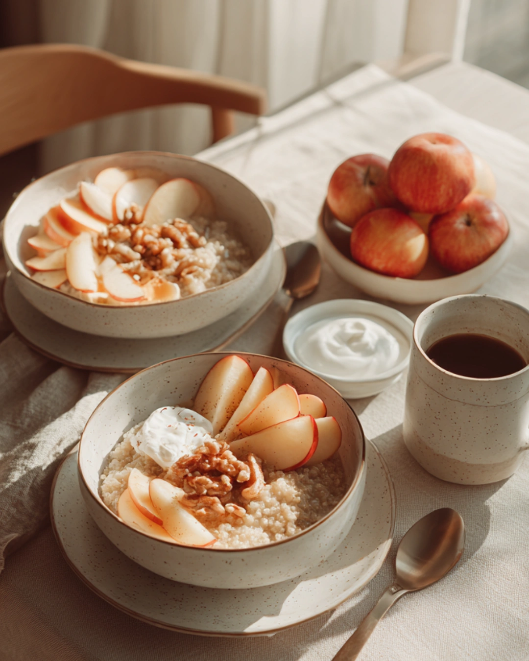 Serving Cinnamon Apple Breakfast Quinoa in a modern kitchen