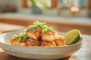 Crispy Air Fryer Honey Garlic Salmon Bites with sesame seeds and green onions