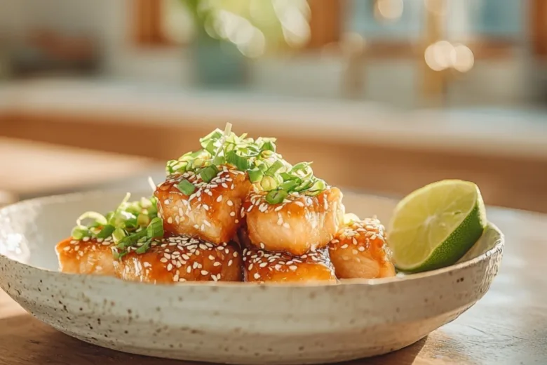 Crispy Air Fryer Honey Garlic Salmon Bites with sesame seeds and green onions
