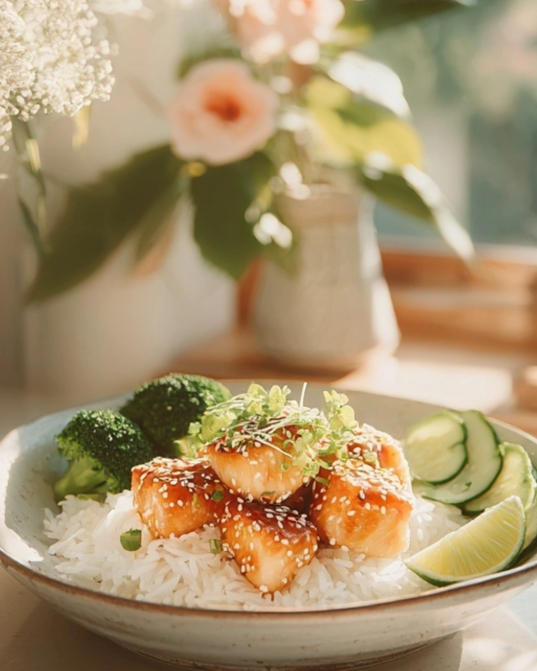 Crispy Air Fryer Honey Garlic Salmon Bites served with rice and broccoli
