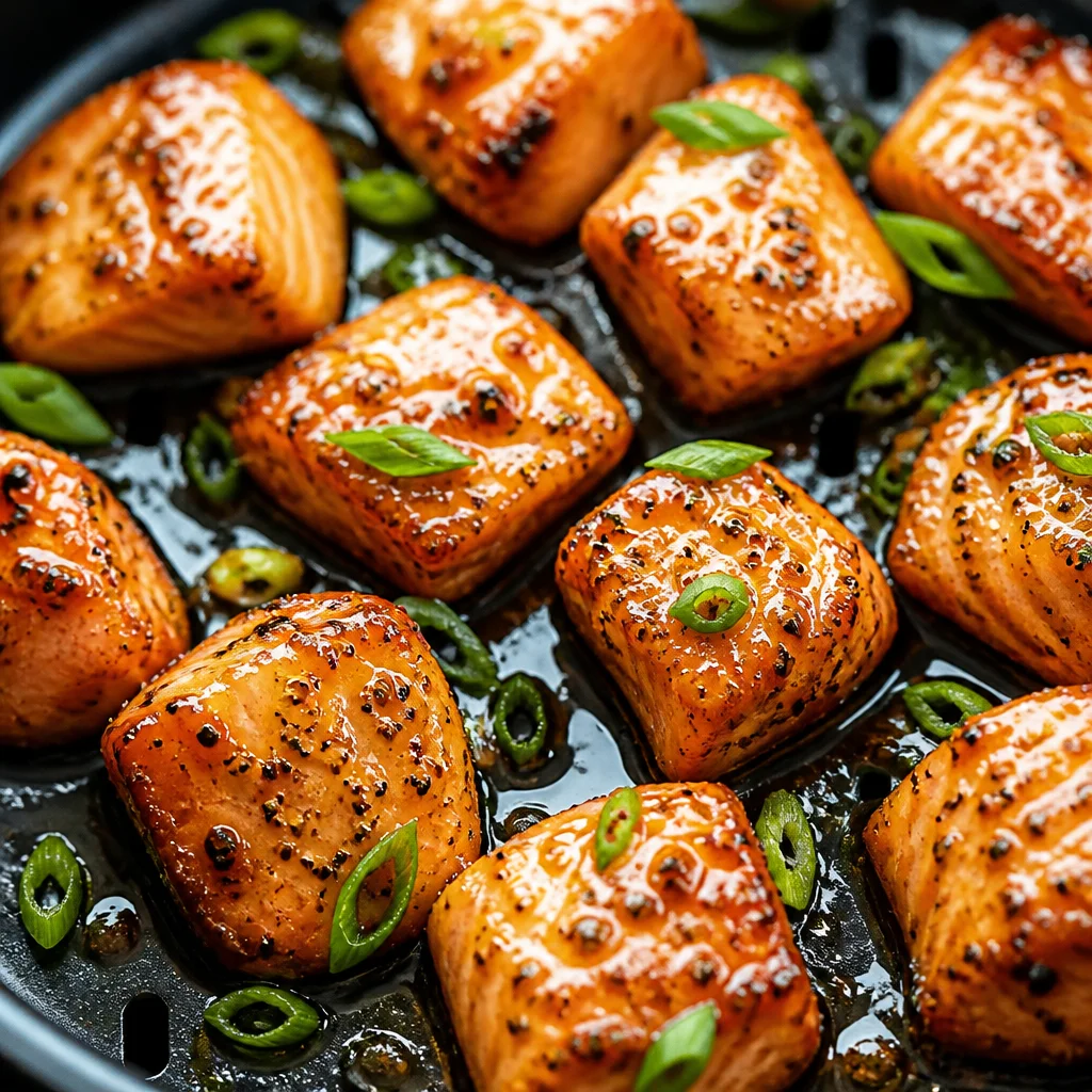 Crispy Air Fryer Honey Garlic Salmon Bites with a sweet glaze