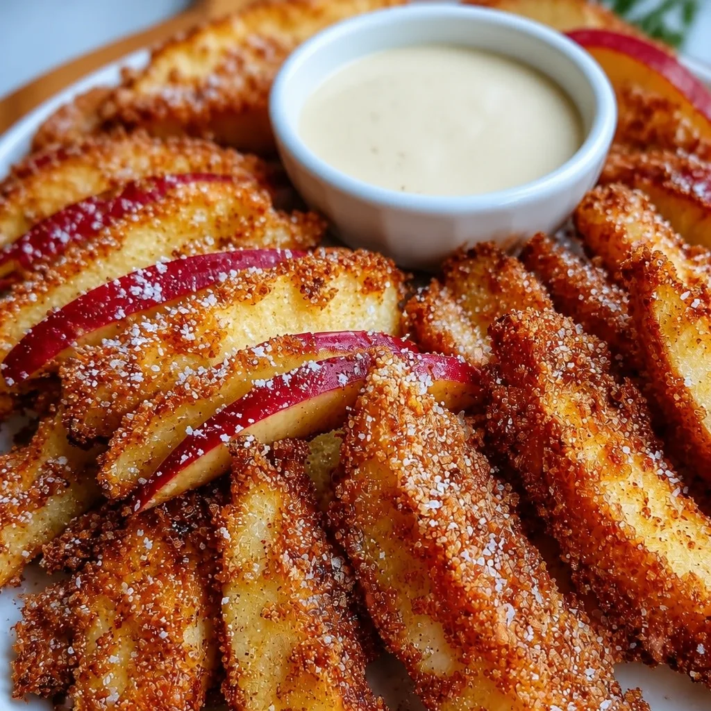 Crispy Air Fryer Apple Fries served with caramel cream dip on a plate