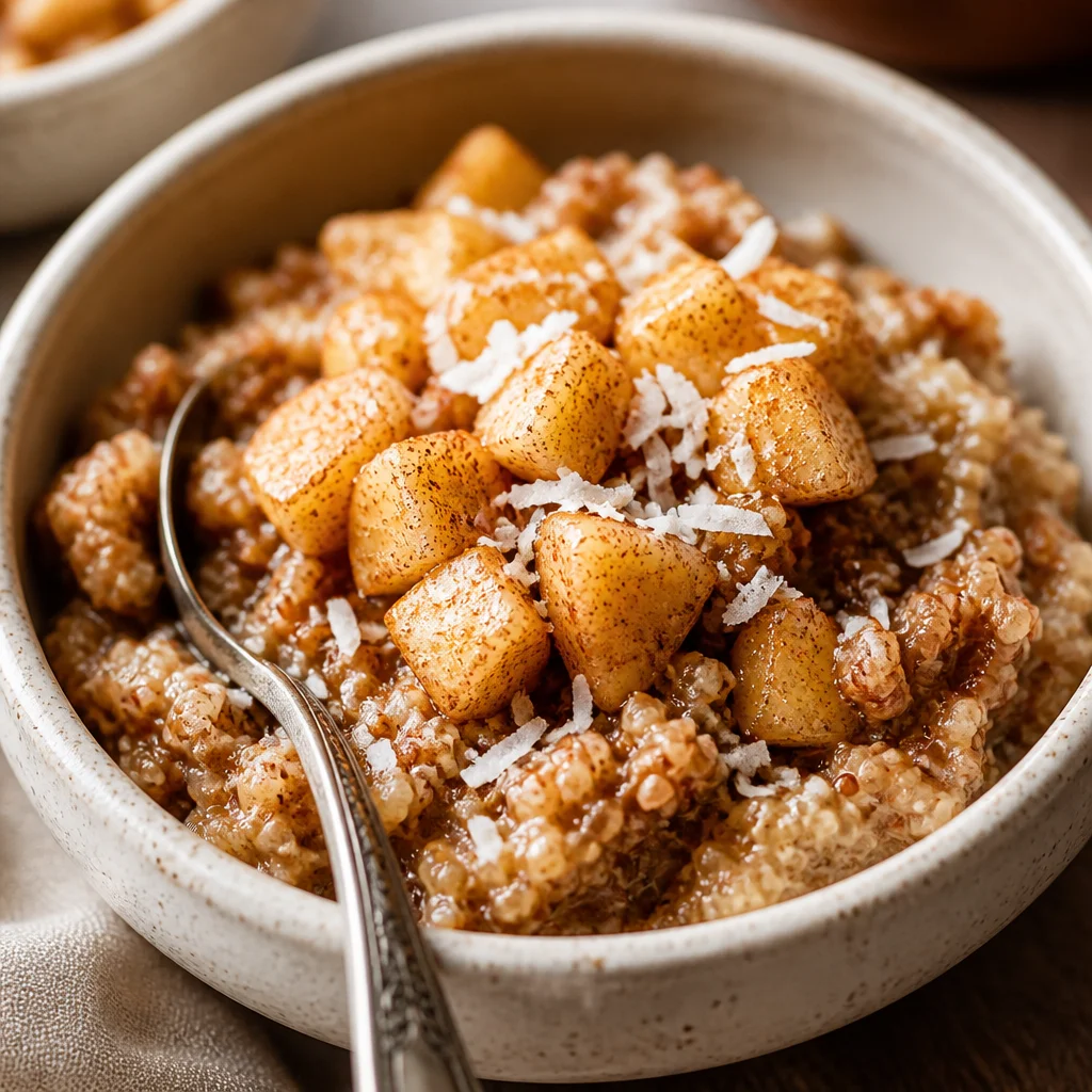 Bowl of Cinnamon Apple Breakfast Quinoa topped with sautéed apples and cinnamon