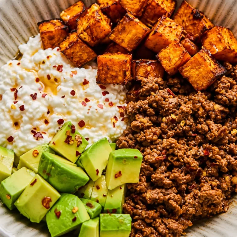 High-Protein Cottage Cheese Taco Bowl topped with fresh ingredients and sweet potatoes.