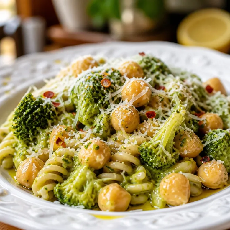 Healthy Broccoli Chickpea Pasta with lemon, a vibrant, protein-packed plant-based meal.