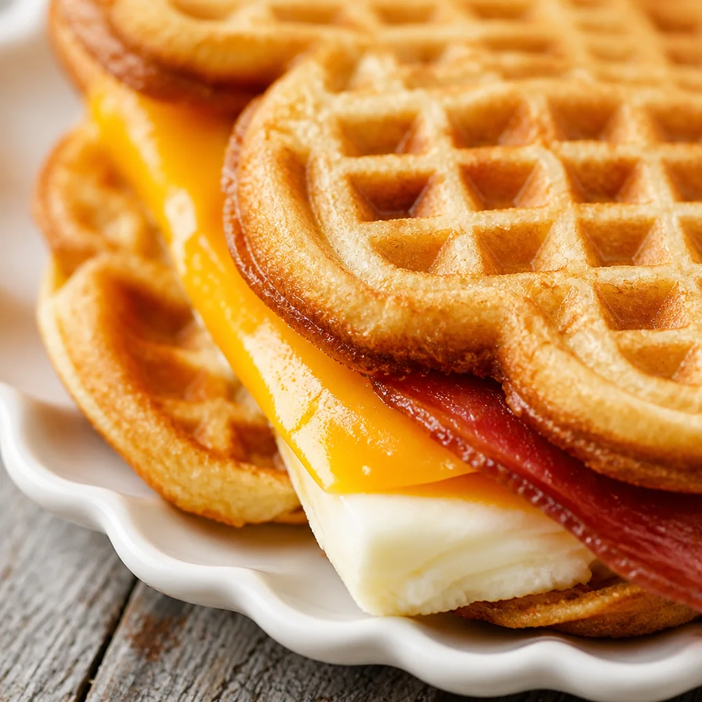 Easy Frozen Waffle Sweet Breakfast Sandwich with bacon, egg, and cheese