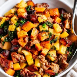Hearty loaded breakfast hash with sausages, bacon, eggs, and crispy potatoes.