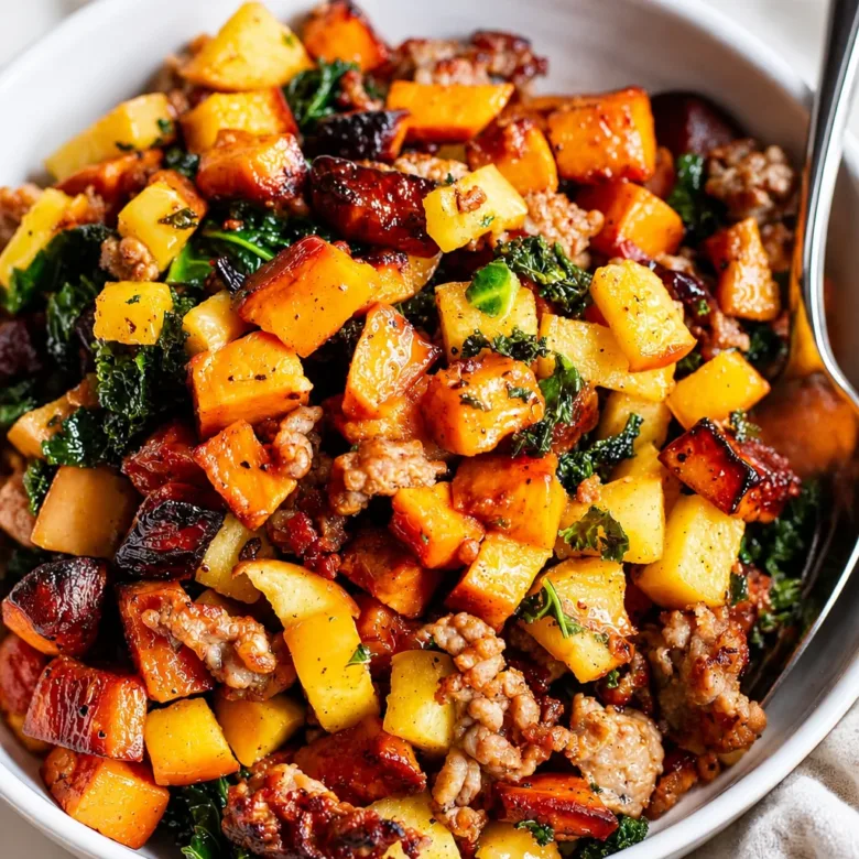 Hearty loaded breakfast hash with sausages, bacon, eggs, and crispy potatoes.