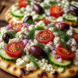 Healthy Greek Salad Cottage Cheese Flatbread topped with fresh veggies and feta cheese.