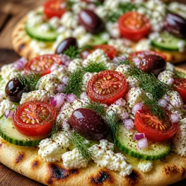 Healthy Greek Salad Cottage Cheese Flatbread topped with fresh veggies and feta cheese.