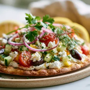 Greek Salad Cottage Cheese Flatbread with feta, cucumber, tomatoes, and olives